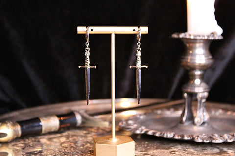 Silver Skull Dagger Huggie Hoop Earrings