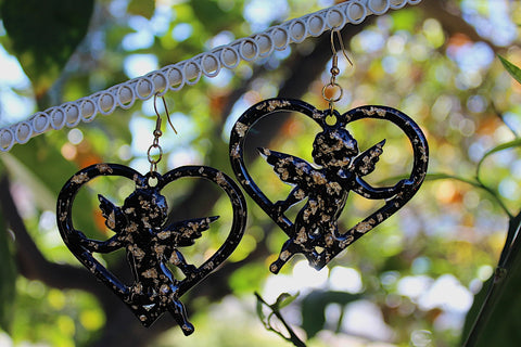 Black and Gold Leaf Cupid Heart Earrings