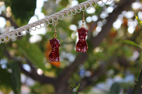 Itty Bitty Gold Leaf And Red Glitter Goddess Earrings