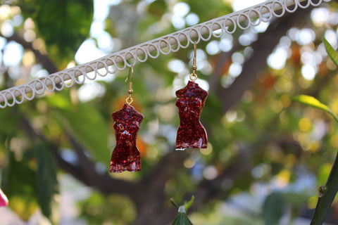 Tall Gold Leaf And Red Glitter Goddess Earrings